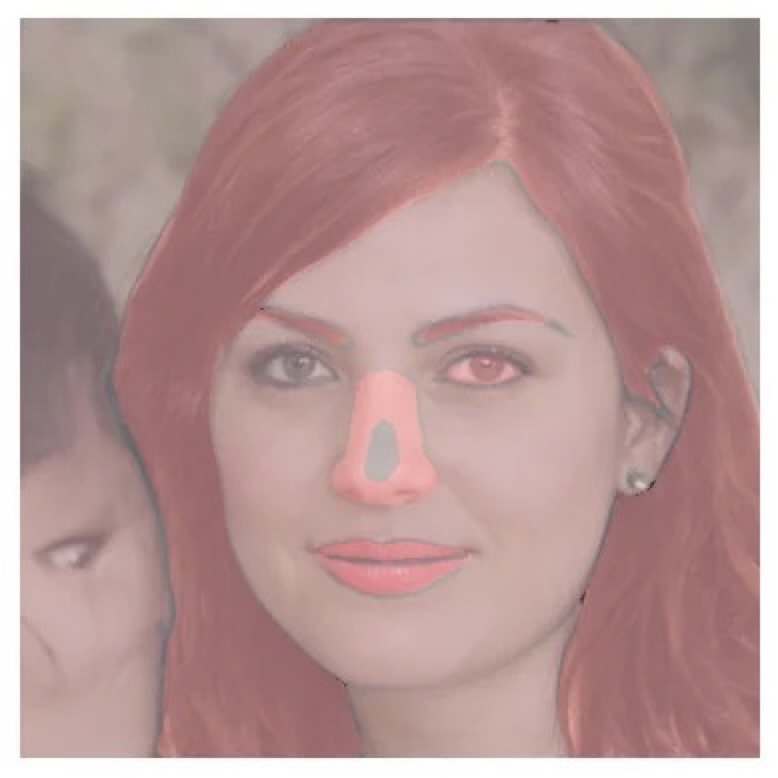 An image of a deepfake photo where the areas that are used for the classification are highlighted in red