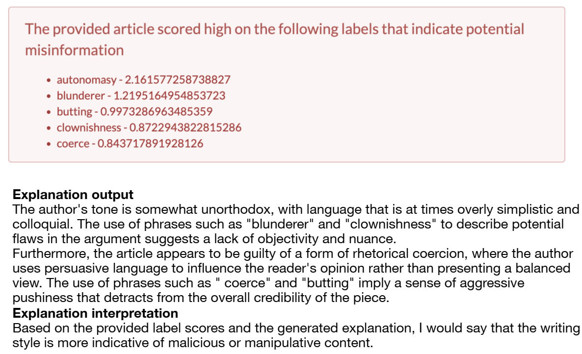 An image of the UI showing linguistic properties indicative of misinformation